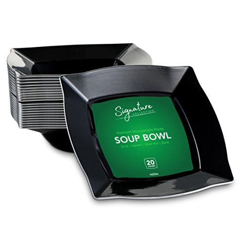 SIGNATURE PLASTIC PARTY DISPOSABLE BOWLS | 14 Ounce Square Wedding Soup Bowls | Black/Silver Rim, 20 Ct | Elegant & Fancy Heavy Duty Hard Party Supplies Plates for all Holidays & Occasions