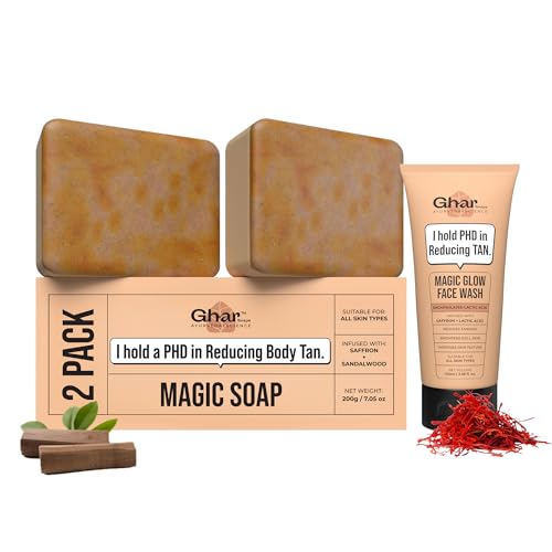Image of Ghar Soaps Magic De-Tan Face Wash & Sandalwood Saffron Magic Bar Combo Pack of 2 | With Sandalwood, Saffron & Glutathione | Tan Removal, Skin Brightening & Glowing Skin | Handmade & Paraben-Free