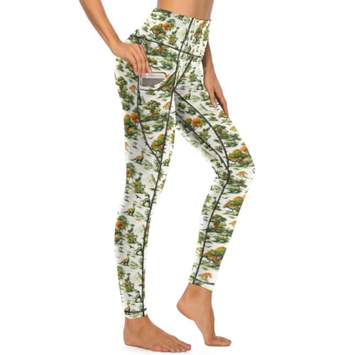 Legging vert forêt dinosaure avec poches pratiques pour le yoga