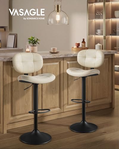Image of VASAGLE Bar Stools Set of 4, Height Adjustable Kitchen Barstools, Swivel Bar Chairs with Back and Footrest, Quilt PU Leather Surface, Dining Room, Counter, Steel, Cream White ULJB150W101S-2J