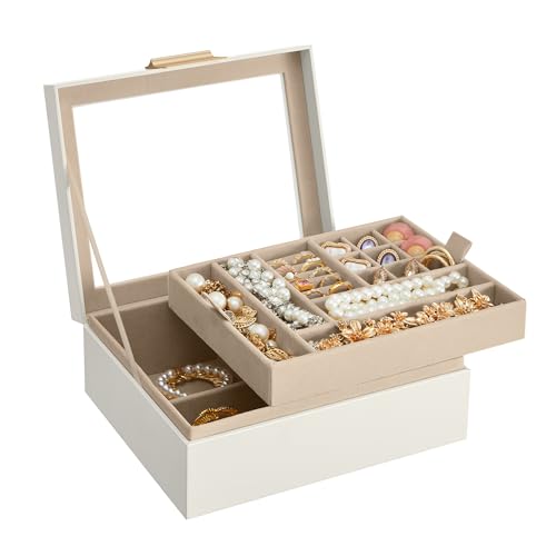 SONGMICS Caja de Joyas, Caja Joyero con 2 Niveles, Estuche para Joyería con Tapa de Cristal,...