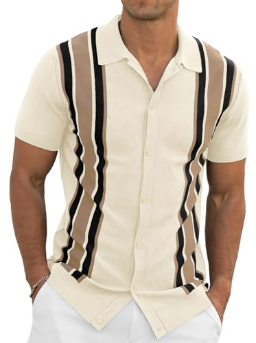 NITAGUT Mens Polo Shirts Vintage Striped Knitting Short Sleeves Button Down Golf Shirts