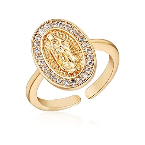 HZMAN 14K Gold Plated Virgin Mary Ring for Women Girls Our Lady of Guadalupe Cubic Zirconia Adjustable Ring Jewelry Gift, Non-Precious Metal, Cubic Zirconia Cover