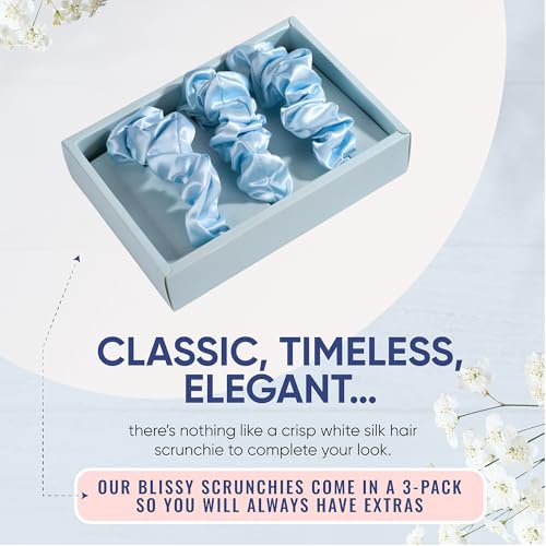 Image of Blissy Silk Scrunchies (3 Pack) - 100% Pure Mulberry Silk - 22 Momme 6A High-Grade Fibers Scrunchie for Straight & Curly Hair (Sky Blue, Regular)