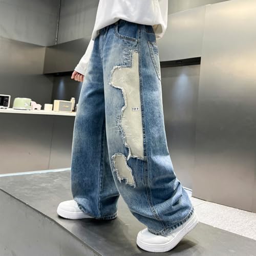 Pantalones vaqueros infantiles holgados cómodos que no aprietan con diseño patchwork recto 5