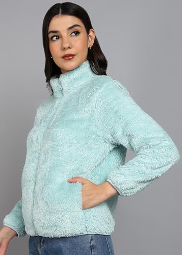 Image of Alan Jones Clothing Women's Fluffy Yarn Fleece Full-Zip Jacket | Soft Lightweight Warm Outerwear with Stand Collar & Piping at Hem & Cuffs