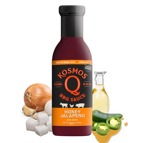 Kosmos Q Honey Jalapeno, Sweet & Spicy BBQ Sauce for Pork, Chicken, Brisket, Ribs & More, Made with Real Honey, Jalapeno & Peach, Thick Marinade & Dipping Sauce, Gluten Free, 15.5 Oz Bottle