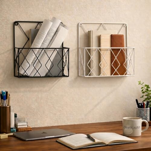 Image of Hanging File & Magazine Holder - Wall Mounted Metal Organizer for Newspapers, Documents & Office Storage | Decorative Black Wall Rack for Home & Workspace (Black+White)