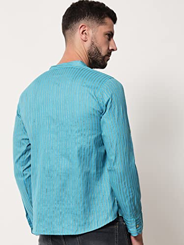 Image of Vastraa Fusion Men's Handloom Weaving Pure Cotton Short Kurta, Round Collar, Full Sleeves,Button Kurta, Ethnic Wear