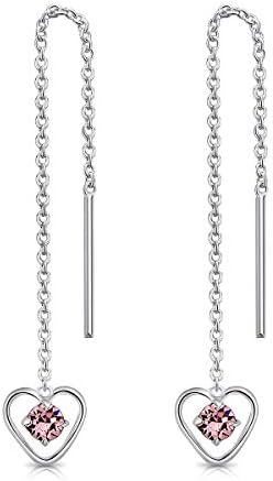 DTPsilver® 925 Sterling Silver Pull Through/Thread Style Drop Chain Earrings & Dangling Heart with SMALL Round 3 mm Glittering Crystals from Swarovski® Elements - Length 68 mm