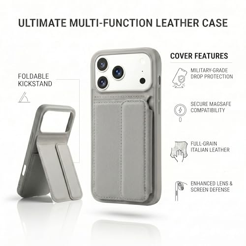 Image of amazon basics Luxury Vegan Leather Back Cover for iPhone 17 Pro Max | Built-in Card Holder Slot | Integrated Mobile Stand | Slim Shockproof Protective Case with Stitched Finish - Gray