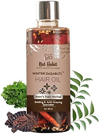 Nat Habit Men's Revital Winter Dasabuti Hair Oil for Hairfall, Dandruff & Greying Control, Scalp Massage, Ayurvedic, Herbal, With 16 Herbs Heat Soaked, Castor, Coconut, Amla - (100ml)