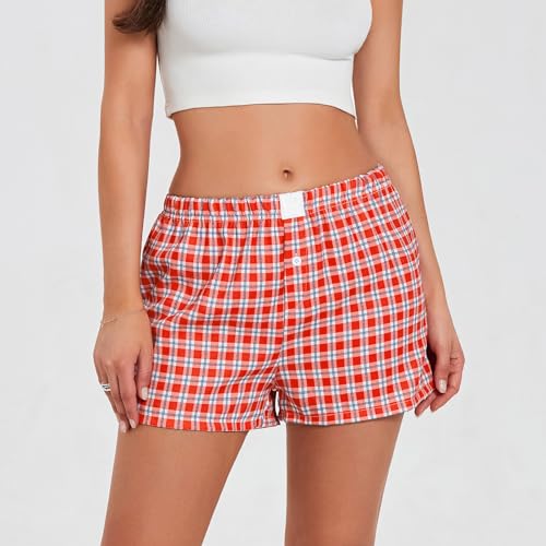 Image of Womens Boxer Shorts Gingham Y2k Pajama Cute Plaid Striped Print Lounge Sleep Shorts