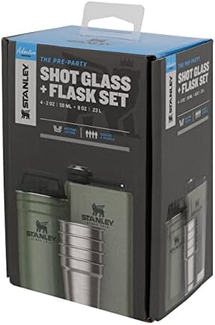 Stanley Adventure Pre-Party Shot Glasses Set + Hip Flask Hammertone Green  BPA Free Stainless Steel Flask - Alcohol Gifts Set - Dishwasher Safe