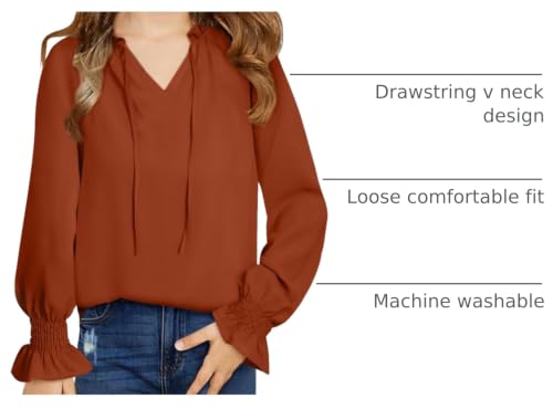 Image of DOKOTOO KIDS Girls Dress Shirt Long Sleeve Blouse Fall Tops Size 7-15 Years | V Neck, None Elastic Breathable Fabric, Ruffle Smocked Sleeve, Solid Pull on, Uniform Formal Western Thanksgiving