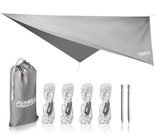 Foxelli Hammock Rain Fly - Waterproof Lightweight Tent & Hammock Rain Tarp for Camping, Backpacking w/Easy Setup Including Extra Long Guy Lines & Stakes