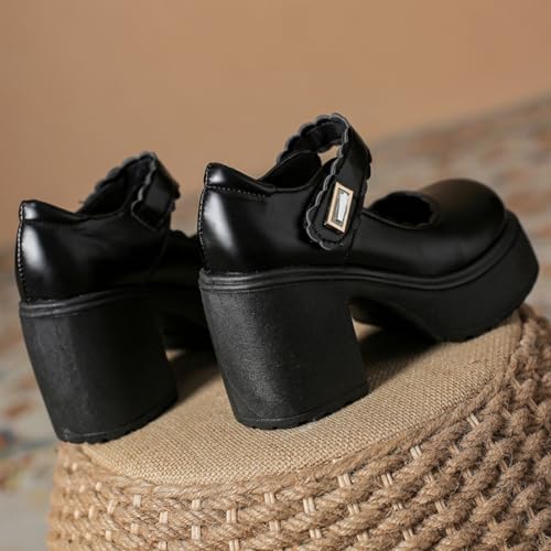 Image of Women's Platform Mary Janes Heart Cat Buckle Rivets Ankle Lolita Gothic Princess Platform Pumps Patent Leather Thorn Vintage Traditional Embroidery Upper Dress Shoes