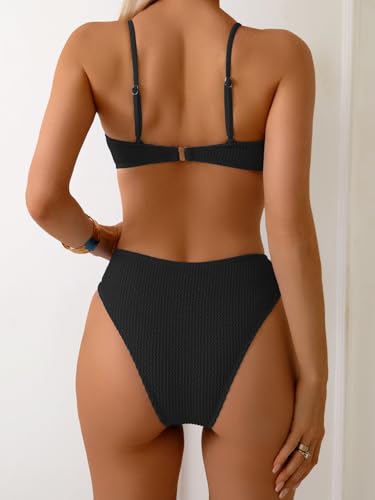 Fanuerg Women's Ribbed Triangle Bikini Sets O Ring Linked Two Piece Swimsuit Textured Cheeky Swim Bathing Suit3