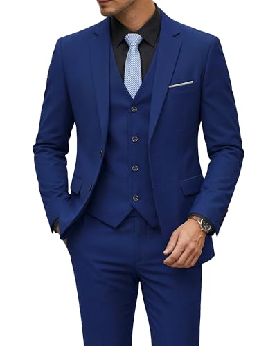 Image of YND Men's 3 Piece Suit with Tie, Solid Color Slim Fit Jacket Vest and Pants