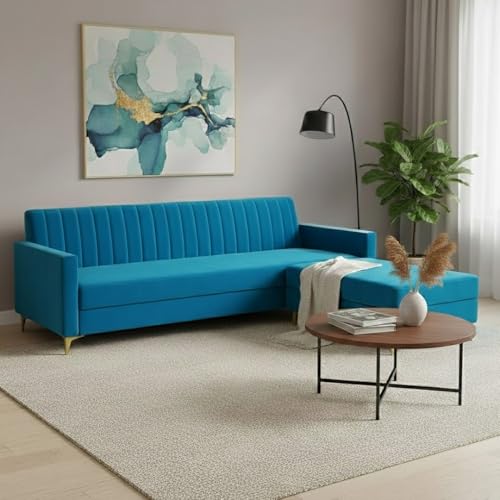 Image of SOCOZI Morello 4 Seater L Shape Sofa Set with Movable Ottoman | Flexible Left or Right Layout | Soft Velvet Suede Fabric | Modern Design | Plush Comfort Cushions for Living Room (Aqua Blue)