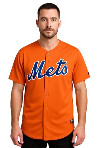 New York Mets Cool Base Mens Full Button Orange Jersey (Small)