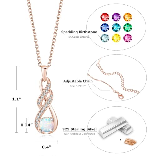 Birthstone Necklaces for Women 925 Sterling Silver Infinity Pendant White Gold Jewelry for Her, 16"+2"4