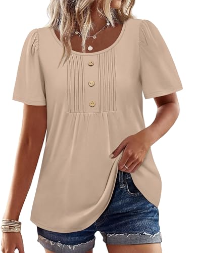 Image of Womens Tops Dressy Casual Blouses Short Sleeve Shirts Plus Size Fashion Clothing Spring Summer Outfits Button Pleated Front
