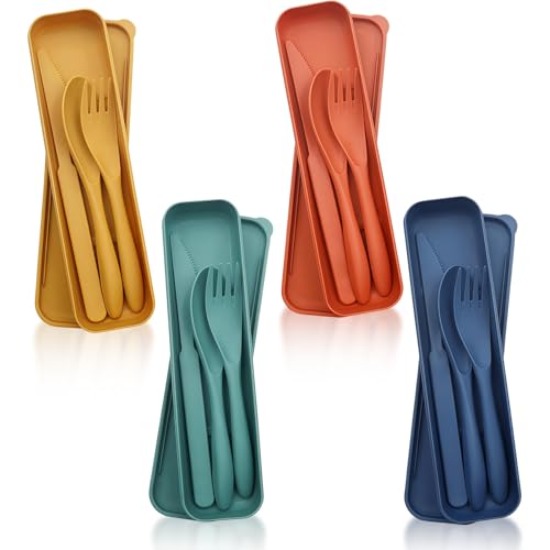 Tarqite 4 Pièces Couverts en Plastique, Couvert Voyage avec Étui, Set de Couverts Camping Portable Réutilisables avec Cuillère, Couteau et Fourchette pour...