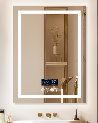 LUVODI Espejo Baño con luz 60 x 80 Bluetooth: Espejo Baño Led Pared Rectangular Antivaho Espelho Banho Inteligente Digital con Luz Frontal y Retroiluminado Regulable, Fecha, Hora,Temperatura