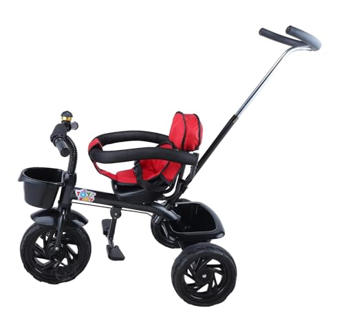 Image of JoyRide Learn-to-Ride Trike on 3 Wheels with Safety Harness, Non-Slip Pedal,Storage Basket and Removable Parent Handle (Dark Red)