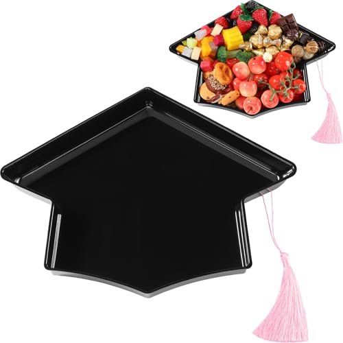 Tellingyou 2025 Graduation Plastic Cap for Charcuterie 13'' Fillable Trays with Tassel Disposable Plastic Mache Box Candy Tray Container for College Graduation Party Supplies(Black Cap, Pink Tassel)