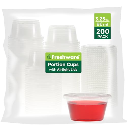 Image of Freshware Plastic Portion Cups with Lids [3.25 Ounce, 200 Sets] Disposable Plastic Cups for Meal Prep, Salad Dressing, Jellos Shot Cups, Souffle Cups, Condiment and Dipping Sauce Cups