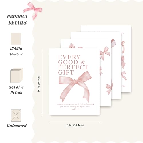 Image of LARTSFRO Coquette Pink Bow Wall Art Decor Posters, Blush Pink Bow Room Bedroom Bathroom Dorm Wall Art Decor Aesthetic for College Teen Girls Gifts, Inspirational Bible Verses Bow Wall Decor, 12x16 Inch Set of 4 Pcs Bow Pictures (UNFRAMED)