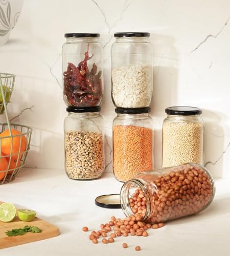 Image of Glass Jar Containers Set of 2 for Kitchen Storage - 1000 ml (1 kg) Each - Airtight Black Lids, BPA-Free, Food Safe - Pantry Storage Jars for Dry Food, Sugar, Snacks & Spices (2)