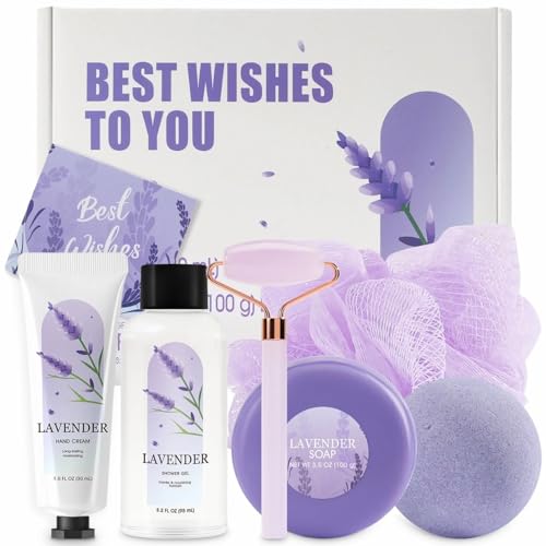 Gift Sets for Women Birthday - 7 Pcs Lavender Bath Set with Greeting Card, Relaxing Self Care Gifts for Her
