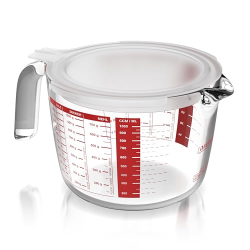 Arendo Vaso medidor de vidrio de 1 l – 1000 ml – Jarra medidora de vidrio de borosilicato – vidrio resistente al calor – apto para microondas – escala precisa