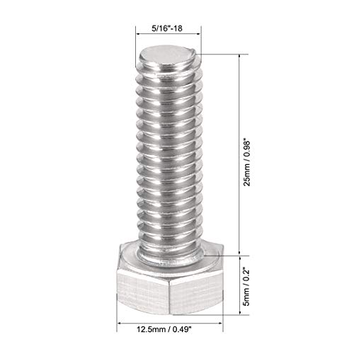 Image of uxcell 5 /16-18x1 Hex Bolts 304 Stainless Steel Hexagon Screw Bolt 6pcs