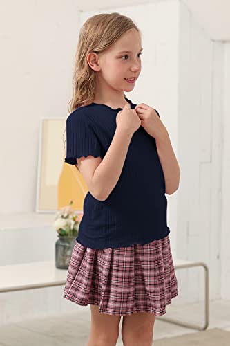 GORLYA 2 Pack Girls Lettuce Trim Basic Solid Tee Shirts Ribbed Knit Casual Blouse Tops for 4-14T4