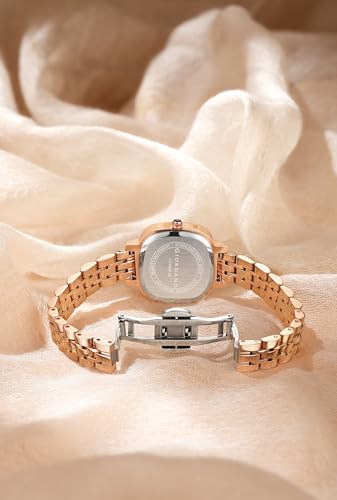 Image of Giordano Elegant Square Rose Gold Watch for Women - Crystal & Roman Hour Markers, Day-Date Display, Stainless Steel Strap
