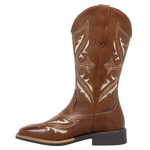 Image of SheSole Women's Square Toe Mid-Calf Western Cowgirl Boots with Cutout & Stitched Embroidery, Chunky Block Heel Fashion Cowboy Boots for Concert Daily