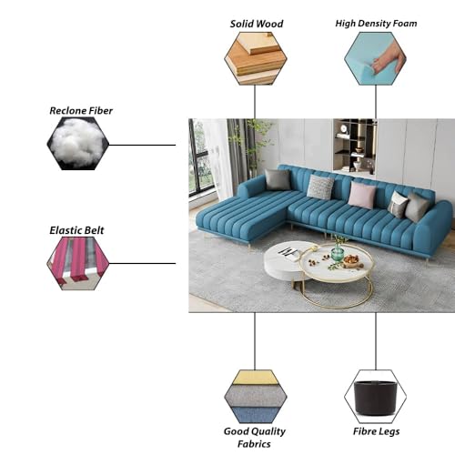 Image of Casaliving Herrick LHS 6 Seater L Shape Sofa Set with 2 Puffy for Living Room (Turquise Colour) Premium Velvet Fabric Sofa, Blue