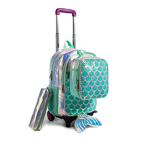 Mochilas de Rodinhas Infantis CUTBLAJAT - Kit de 3 peças com Lancheira e Estojo - Estilo de Sereia com Glitter