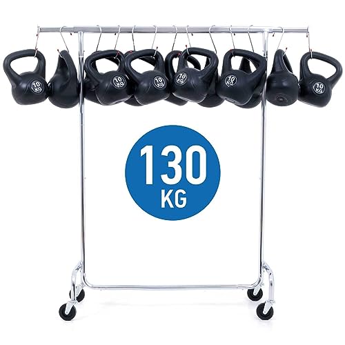 Tatkraft Didrik & Schild - Set, Schwerlast Kleiderständer mit Schutzhülle, auf Rädern, bis 130 Kg, Profi, Faltbar, Verstellbar, Verchromt Stahl