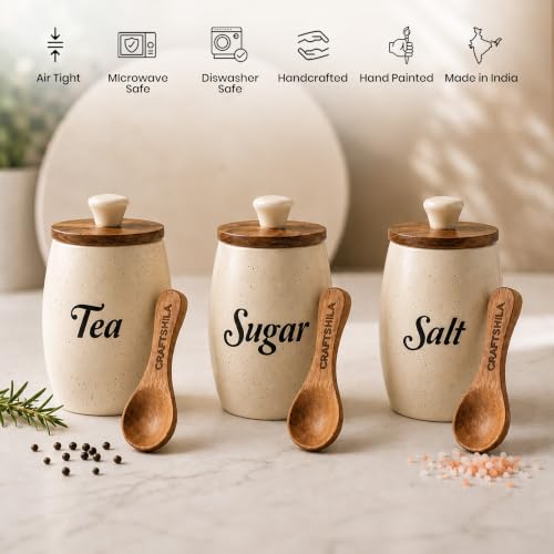 Image of Ceramic Tea Sugar Salt Containers Set of 3 with Wooden Spoons & Lids | Jar & Container for Kitchen Storage Set | Multi Utility Air Tight Kitchen Organizer Items (Hand-Painted, 400 ML)