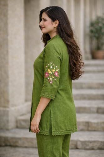 Image of Women's Pure Cotton Co-Ord Set, Green Kurta with Pant, Floral Embroidered 3 /4 Sleeve, Stylish Pocket Design