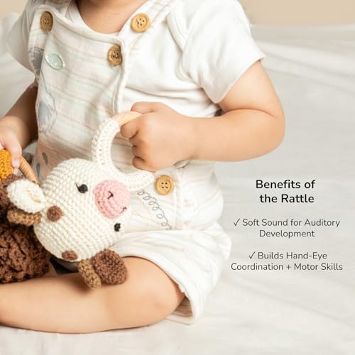 Image of Newborn Gift Set | Crochet Toy, Rattle & Muslin Swaddle Combo | Newborn Gift | Gifting for Babies | 100% Muslin swaddlecloth | Toys for Gifting| 3 Months + (AMBA Toy & Rattle with Swaddle)