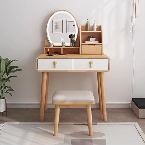 Mesa de maquillaje con espejo y luces, juego de tocador que ahorra espacio con taburete, solución de almacenamiento versátil para apartamentos pequeños, marrón, 80 cm