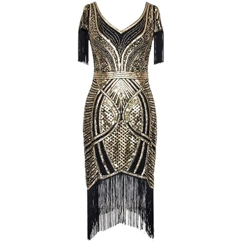 FAIRY COUPLE Women’s Flapper Dresses 1920s V Neck Beaded Fringed Great Gatsby Dresss S067 (2XL, Black Gold) Cover