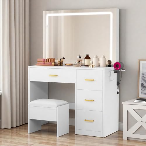 Image of DWVO Vanity Desk Set with Mirror and Lights: Makeup Table with 4 Drawers & Stool, Adjustable LED Lighting, Dressing Table White