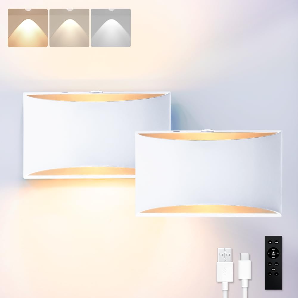 BLUEYE 2Packs Battery Operated Wall Sconce,Remote Control,Soft Warm 2700K-6000K,Cast Aluminum,Rechargeable,50W Equivalent Lamp,No Flicker,600Lumens,Dimmable,White,Set of Two for Non-Hardwired